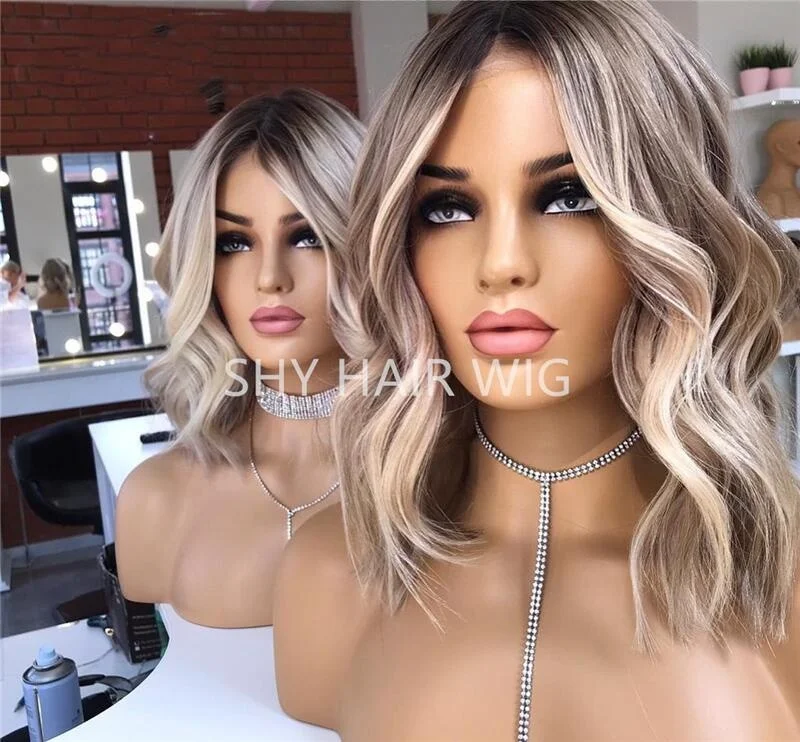 2023 Shy Top quality Highlight mixed Blonde Straight European Human Hair 4*4 Silk Top short wavy Lace Front Wig For White Women