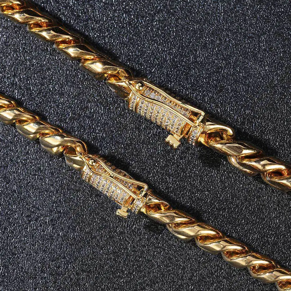 18k Gold plated Double sided diamond zircon buckle 14mm Stainless steel cuban link chain necklace