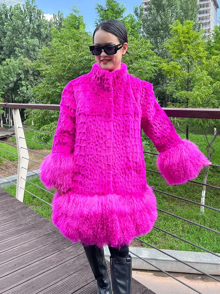 Women Fashionable Fuchsia Color Rex Rabbit Fur Jacket Real Fur Coat with Lamb Fur Stand up Collar Wholesale Price From Factory