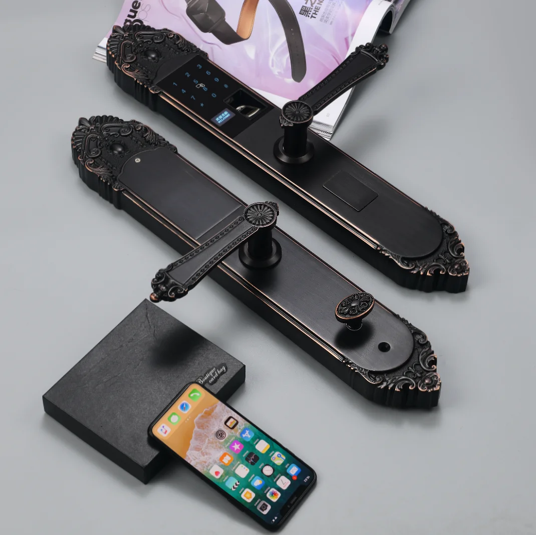 Однотонный кованый смарт-замок для двери из чистой меди с отпечатком пальца, античная латунь с ручкой, набор винтажных роскошных моделей