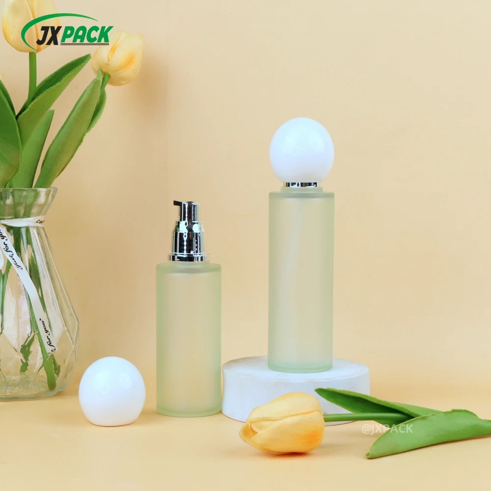 Cylindrical Green Frosted 80ml 100ml Plastic Packaging Set Skincare Cosmetics Cream Jar Lotion Toner Spray Pump Bottle