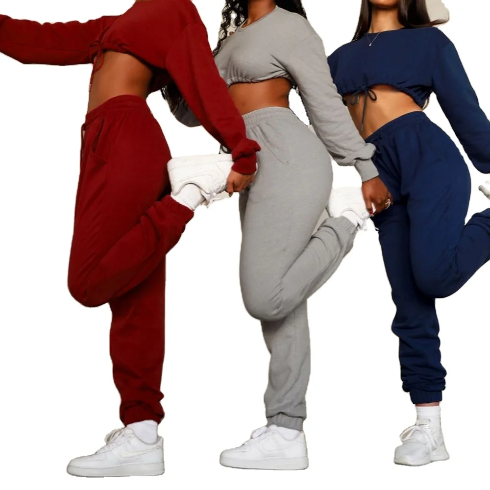 fitness yoga leisure wear loose crop top long sleeve streetwear pants set