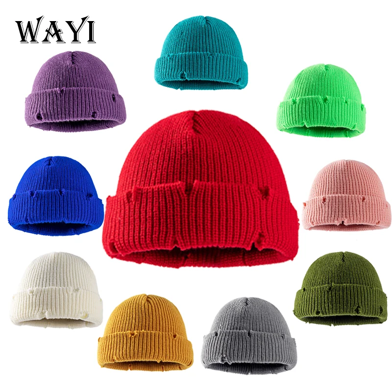 Custom Logo Light Panel Wool Hat with Fashion Ripped Design Winter Acrylic Warm Knit Hat Hand Embroidered Hip Hop Style Travel