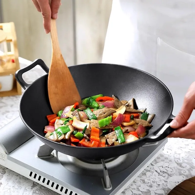 Chinese Pre-seasoned Non-stick Cast Iron Cookware Wok /kitchen Wok With Lid Dia 36cm Red Enameled Cast Iron Wok With Flat Bottom