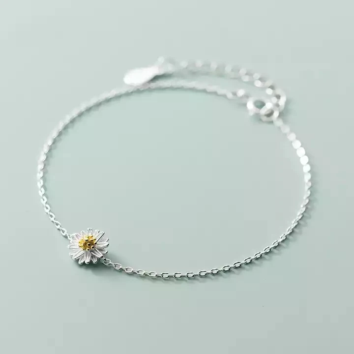 925 Sterling Silver Bracelet White Daisy Flower Shape Hand Charm Bracelets Jewelry for Women Girls