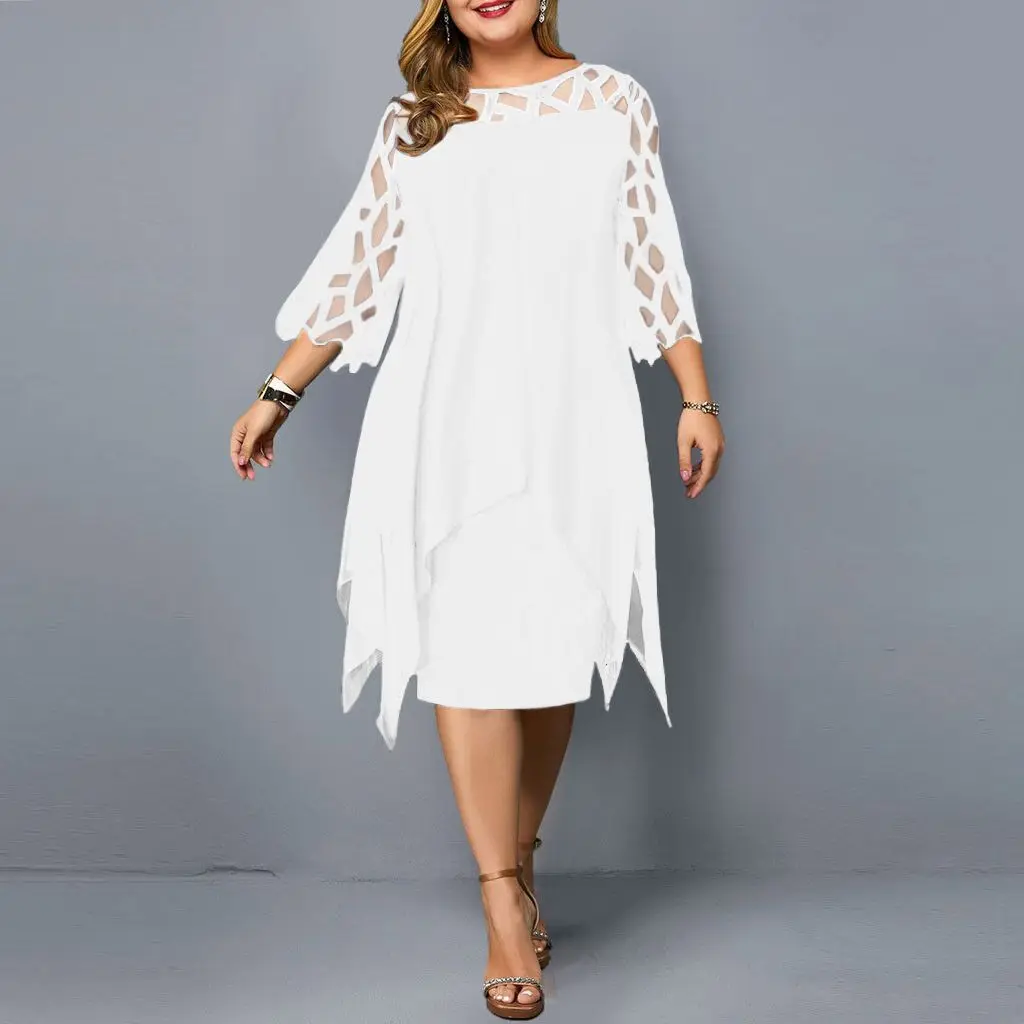 Wholesale European American Seven-Point Sleeve Irregular Hem Chiffon Dress with Lace Stitching Available on