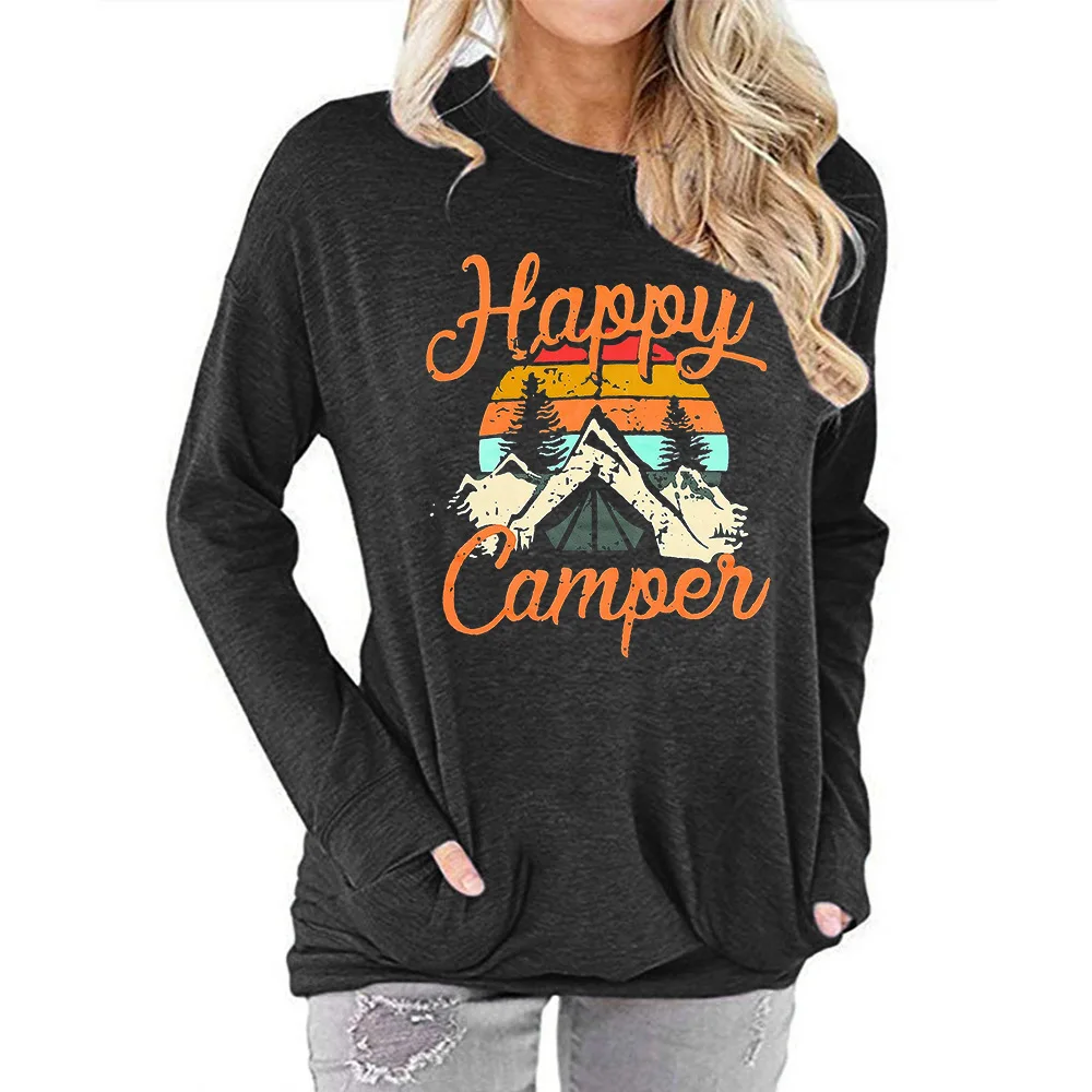 
Wholesale Women Loose Happy Comper Crew Neck Sweatshirt with Pockets female t-shirt 