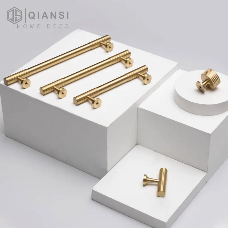 Qiansi High Quality Brass t bar 96mm 128mm Long Furniture hardware Kitchen Brushed Finish Drawer Knob for Dresser Modern Handles