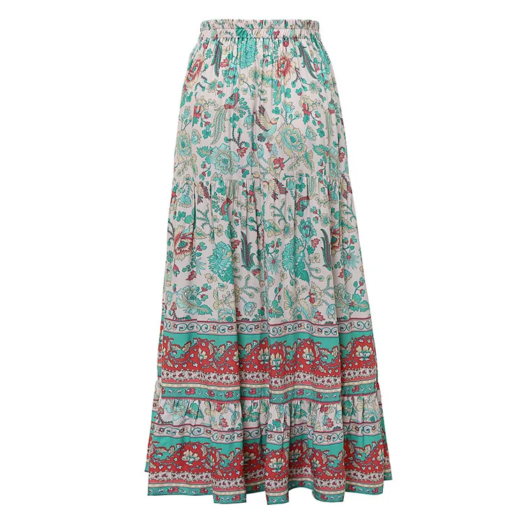 Women Casual Rayon Cotton Skirt Lady Bohemian Holiday Style Floral Printed Tassel Lace Up Elastic Waist Long Maxi Skirts