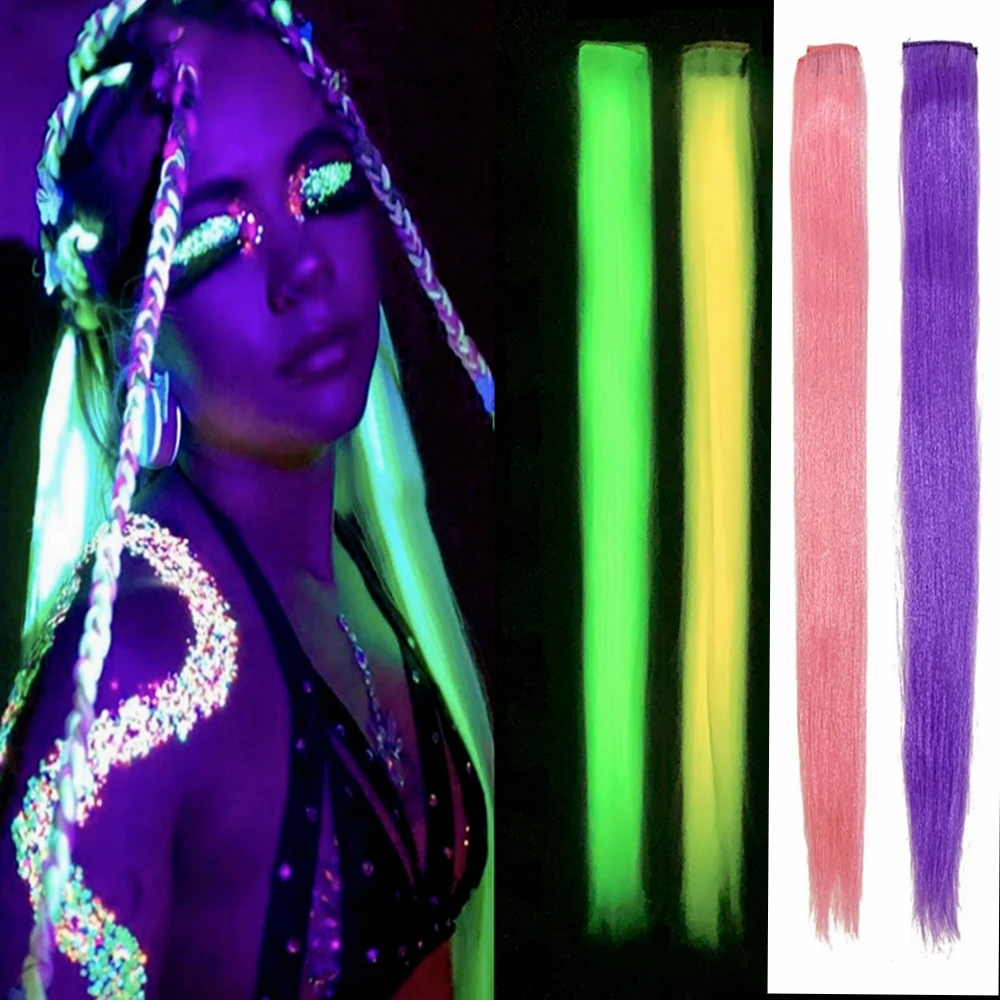 New Synthetic 1Clip in Hair Extension 20inch Glow In Darkness Luminous Straight Hair Piece For women Braid wig accessories