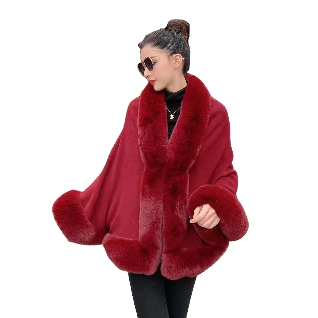 Модная женская зимняя короткая свободная шаль пончо из искусственного кроличьего меха с меховой отделкой