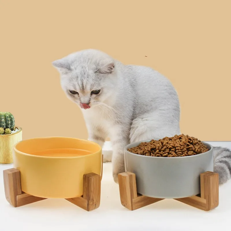 2020 hot sale wholesale new ceramic durable non-slip cat bowl wooden stand pet dog bowl