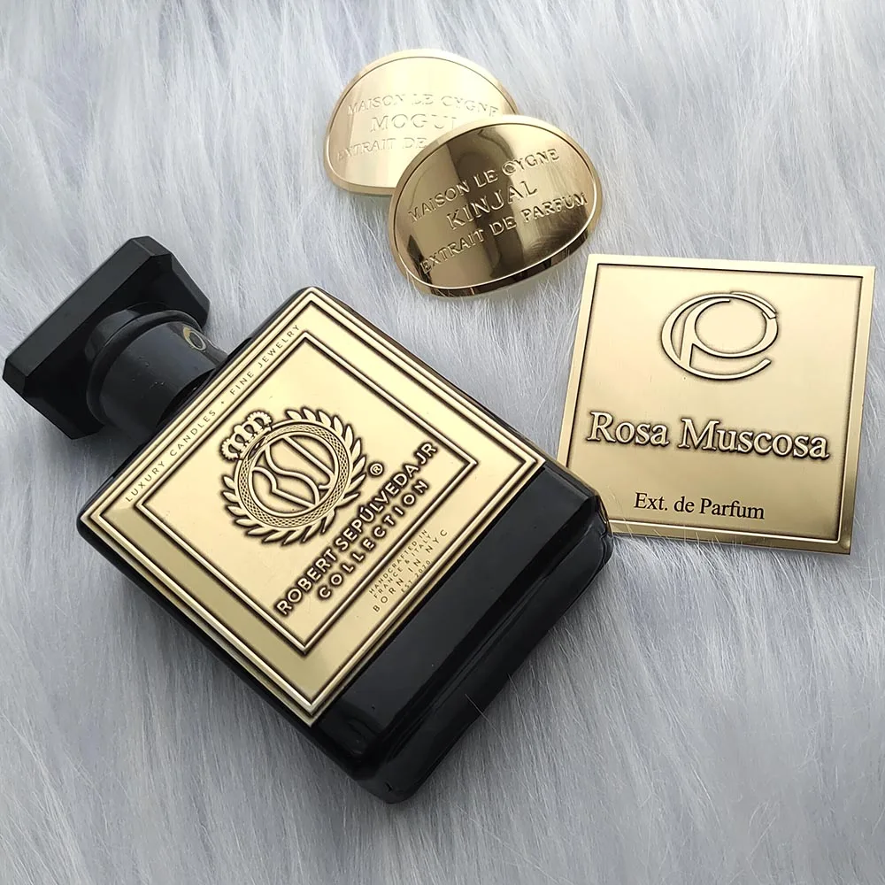 3d embossed black and gold luxury cosmetic packaging clear labels for cosmetic bottles label metal logo plate perfumes