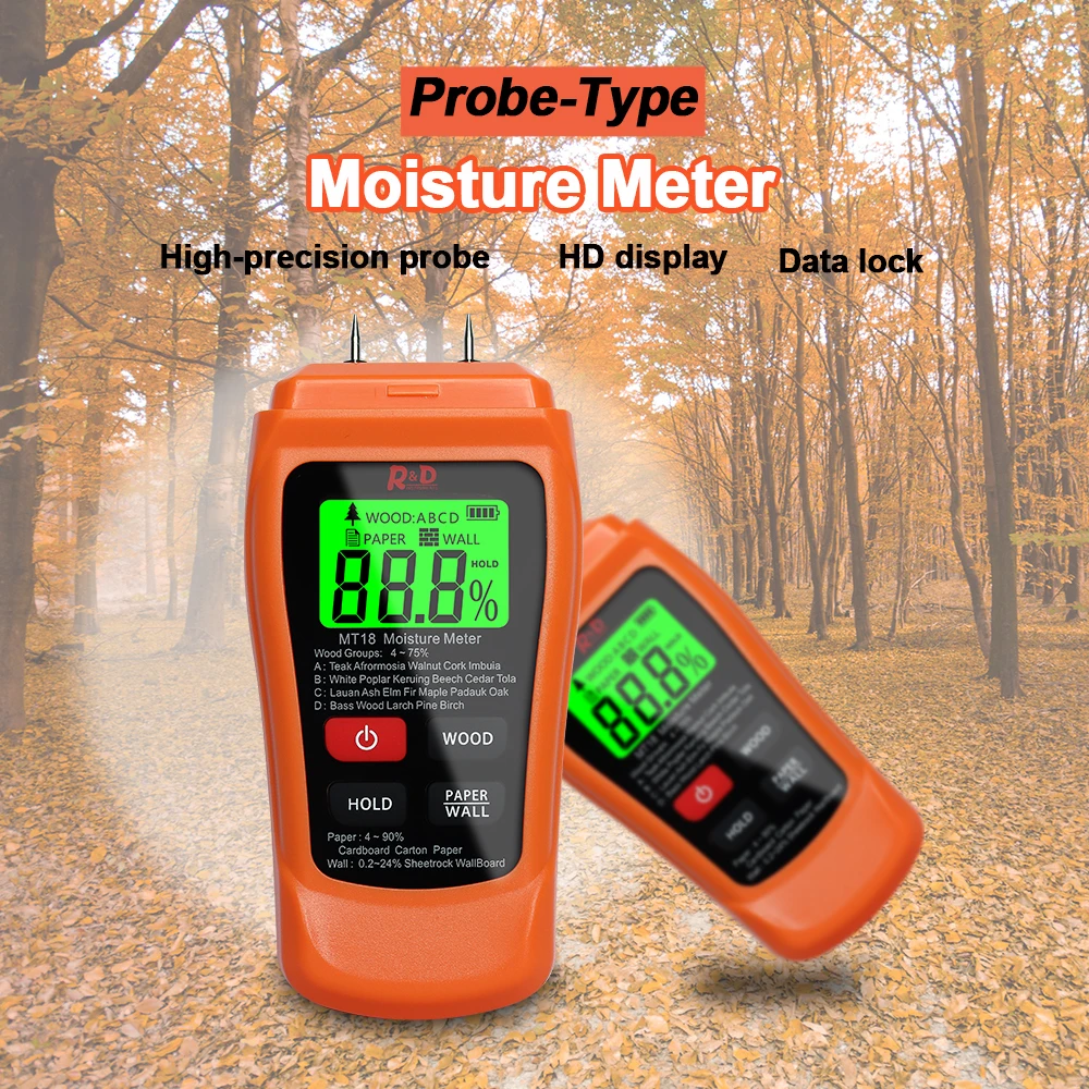 
R&D MT18 Moisture Meter Wood paper Wall Humidity Hygrometer Timber Damp Detector Tree Density tester wood ABCD Paper&Wall test 