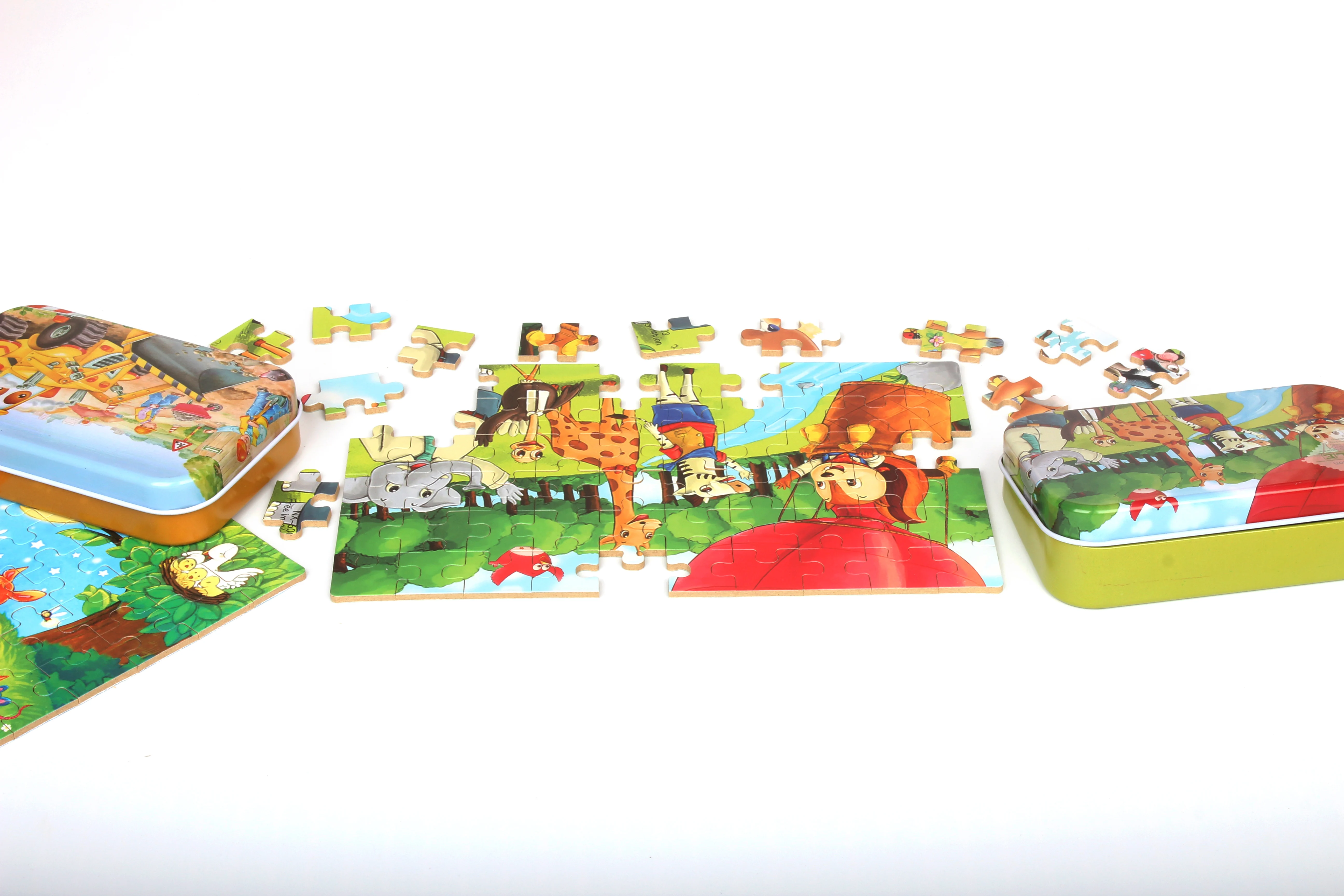 60PCS Wooden Jigsaw Iron Box Set Cartoon Characters Animal Early Educational Puzzle Toy