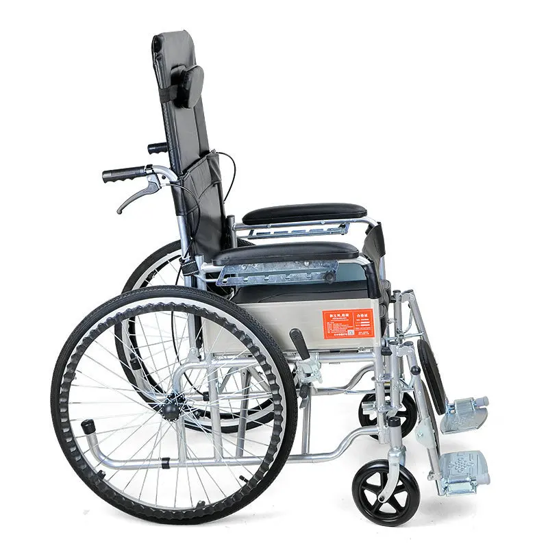 Lying Flat Wheelchair with Imitation leather Thickened Steel Pipe Foldable and Portable With Toilet Wheelchair for Commuting