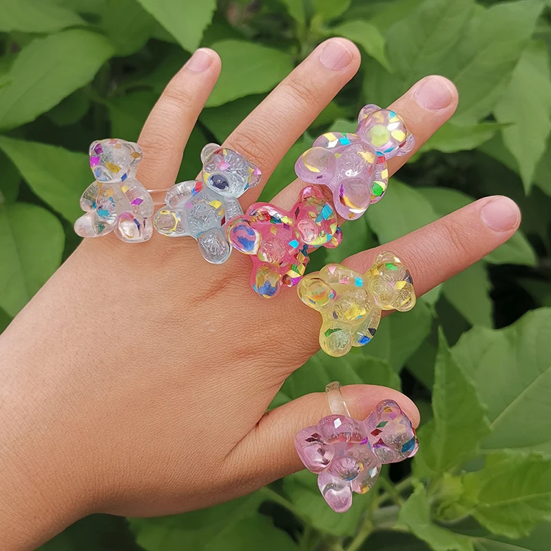New arrival fashion custom acrylic resin bear ring jewelry colorful big gummy for