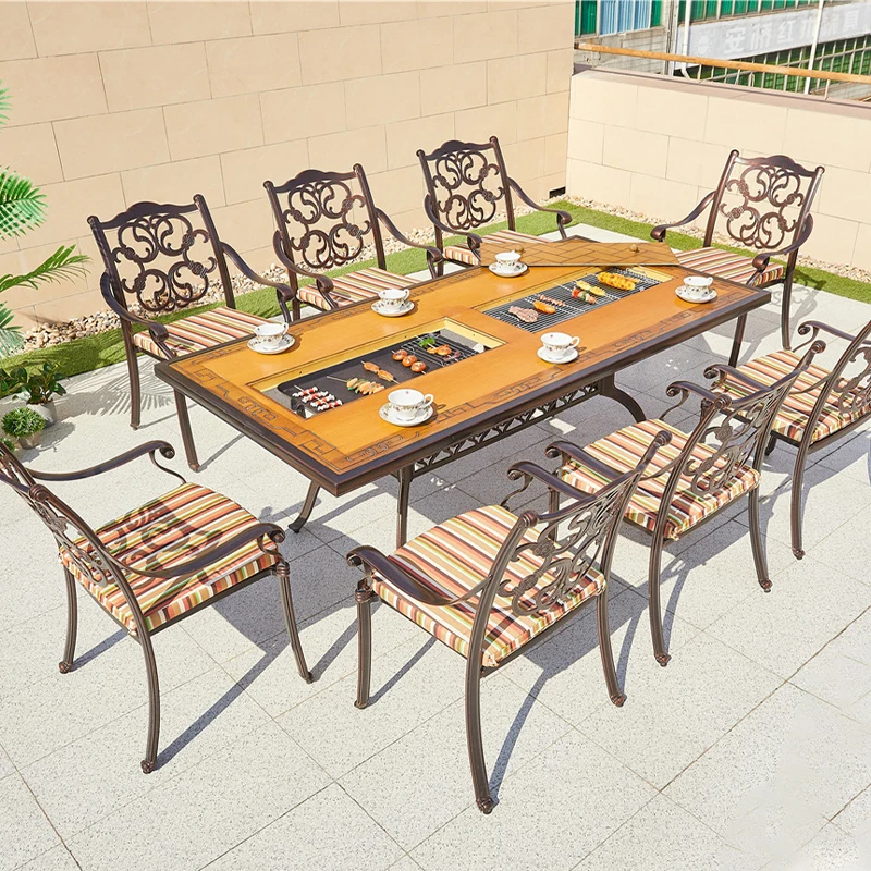 Manufacture Cast Aluminum Barbecue Table Chair Dining Round Table Rotating Hotpot Bbq Grill Set Metal Frame Aluminum Table
