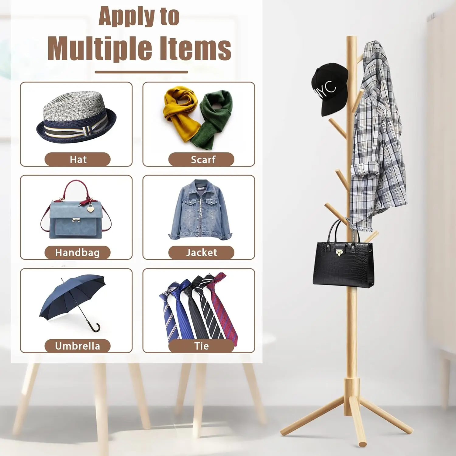 Clothes hanger rack stand with 8 Hooks Adjustable wooden coat rack Tree foldable clothes drying rack