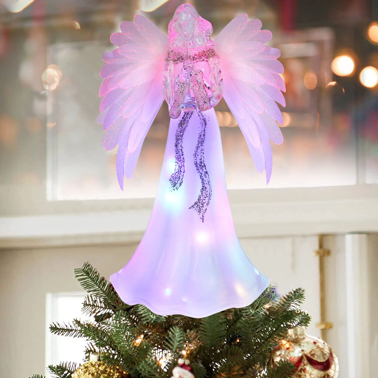 Angel Christmas Tree Topper Lighted with LED Rotating Colorful Snowflake Projector Lights