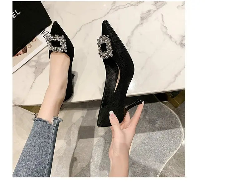 Amazon AliExpress Hot Sale Banquet Lady High Heels Candy Color Satin Bling Rhinestone Buckle Party Girls Heels