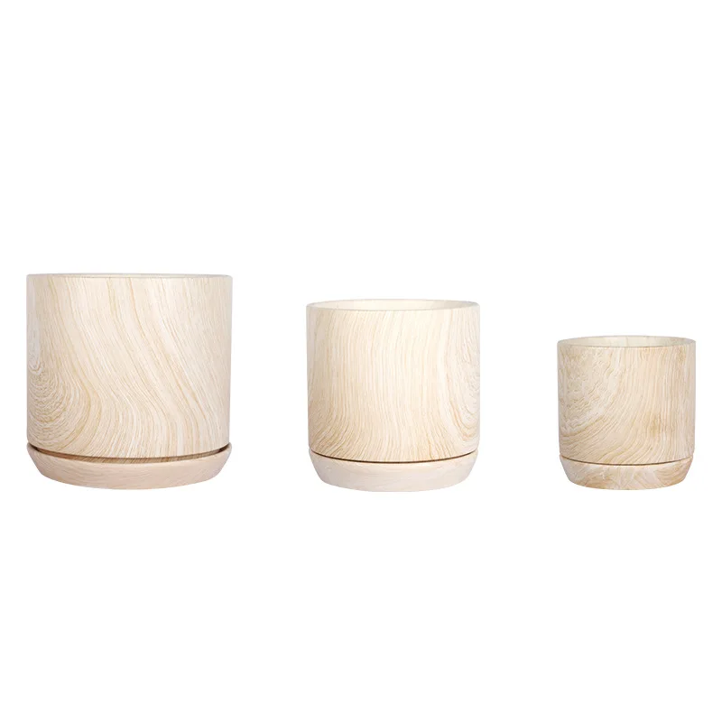 Modern Ceramic wood grain pot pot planting basin bottom perforated drainage belt with the same type of tray used for indoor