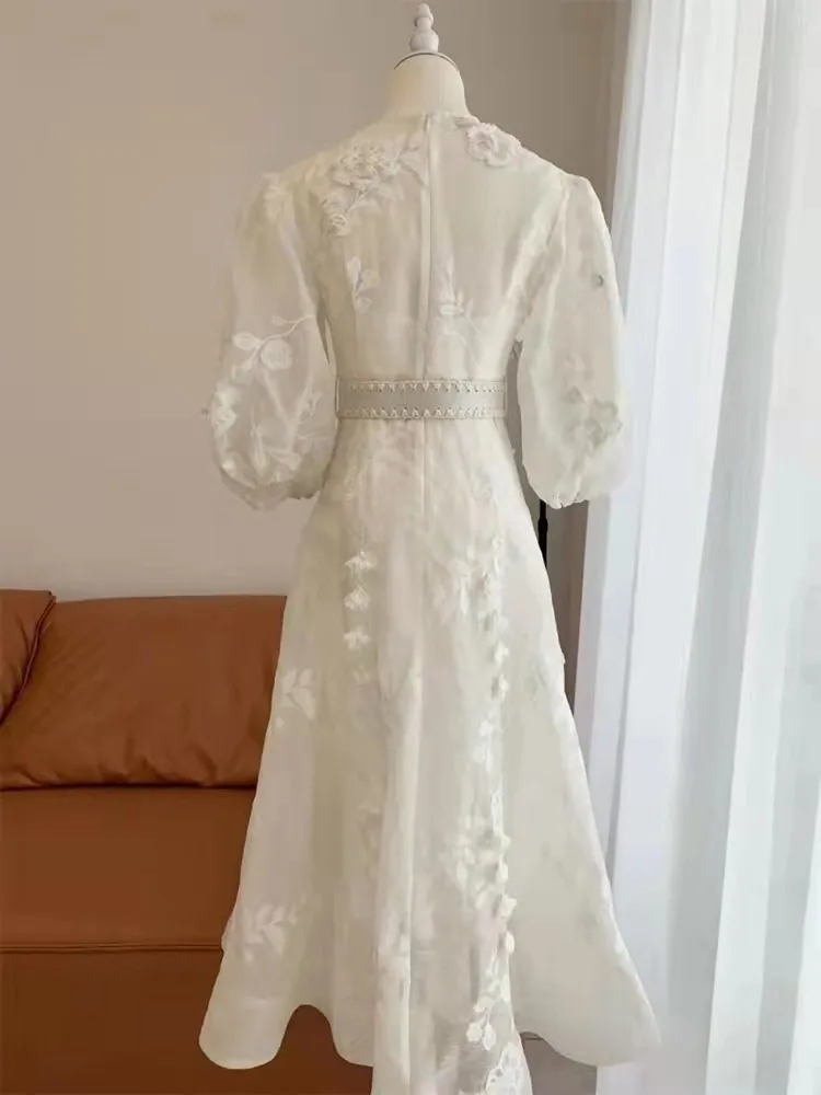 Wholesale Getspring Women Dress Vintage O Neck Puff Sleeve Flower Belt Large Hem Long White Lace Dress Party Dress 2022