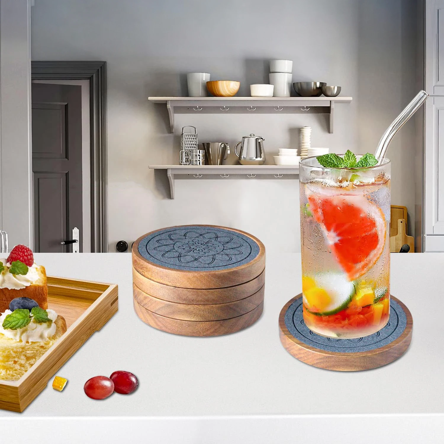 Absorbent Coaster for Coffee Tabletop Protection Non-Slip Sets of 5 Wood Coasters for Drinks