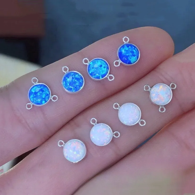 Unique S925 Sterling Silver 6mm White/Blue Opal Charm Connectors With 1/2/3 Rings Bezel Drop Pendant DIY Accessories