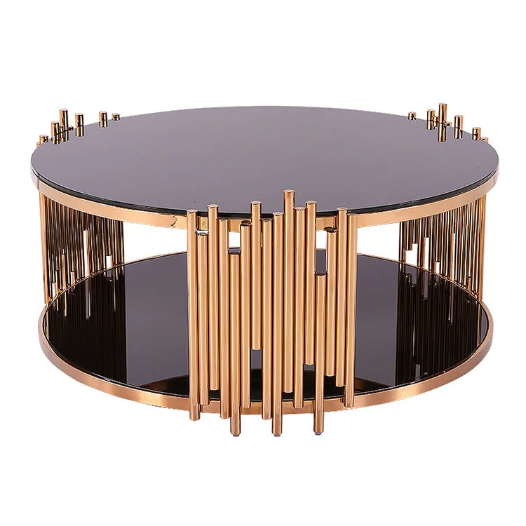 Luxury design Elegant black tempered glass coffee table set SKD gold tube stainless steel round coffee table