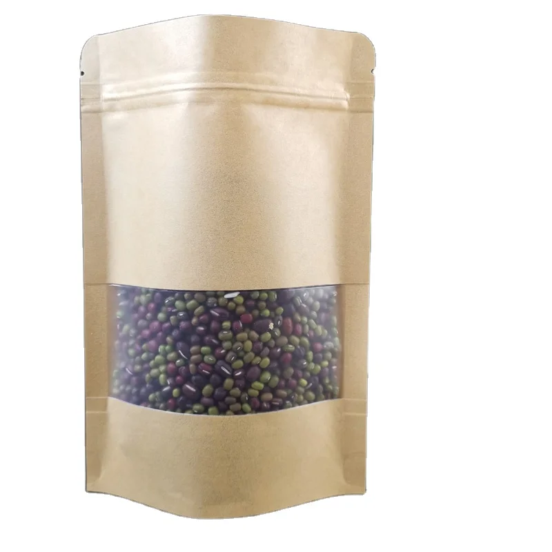 food packaging stand up pouch plain brown kraft paper bag with clear window and zip lock