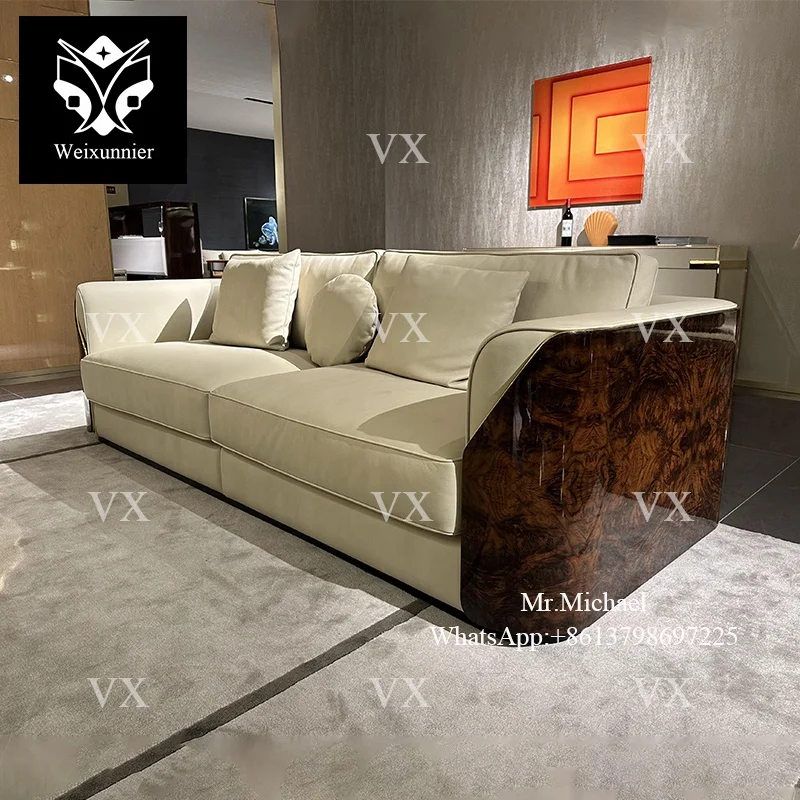 Modern Luxurious 321 Sofa Beige Leather Sofa Brown Wood Veneer Sectional Couch Villa Living Room Hotel Lobby Sofa