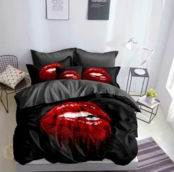 Hot sale cheap polyester 3D Digital hot red lips Printing Bedding set for Couples Lovers