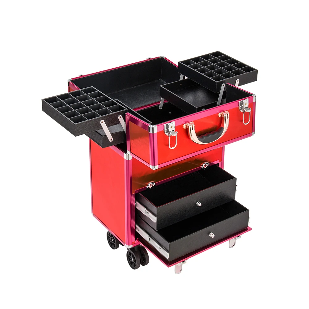 Hot Sale Multi-Layer Nail Trolley Box Rose Gold Large Capacity Makeup Nail Organizer Trolley Case