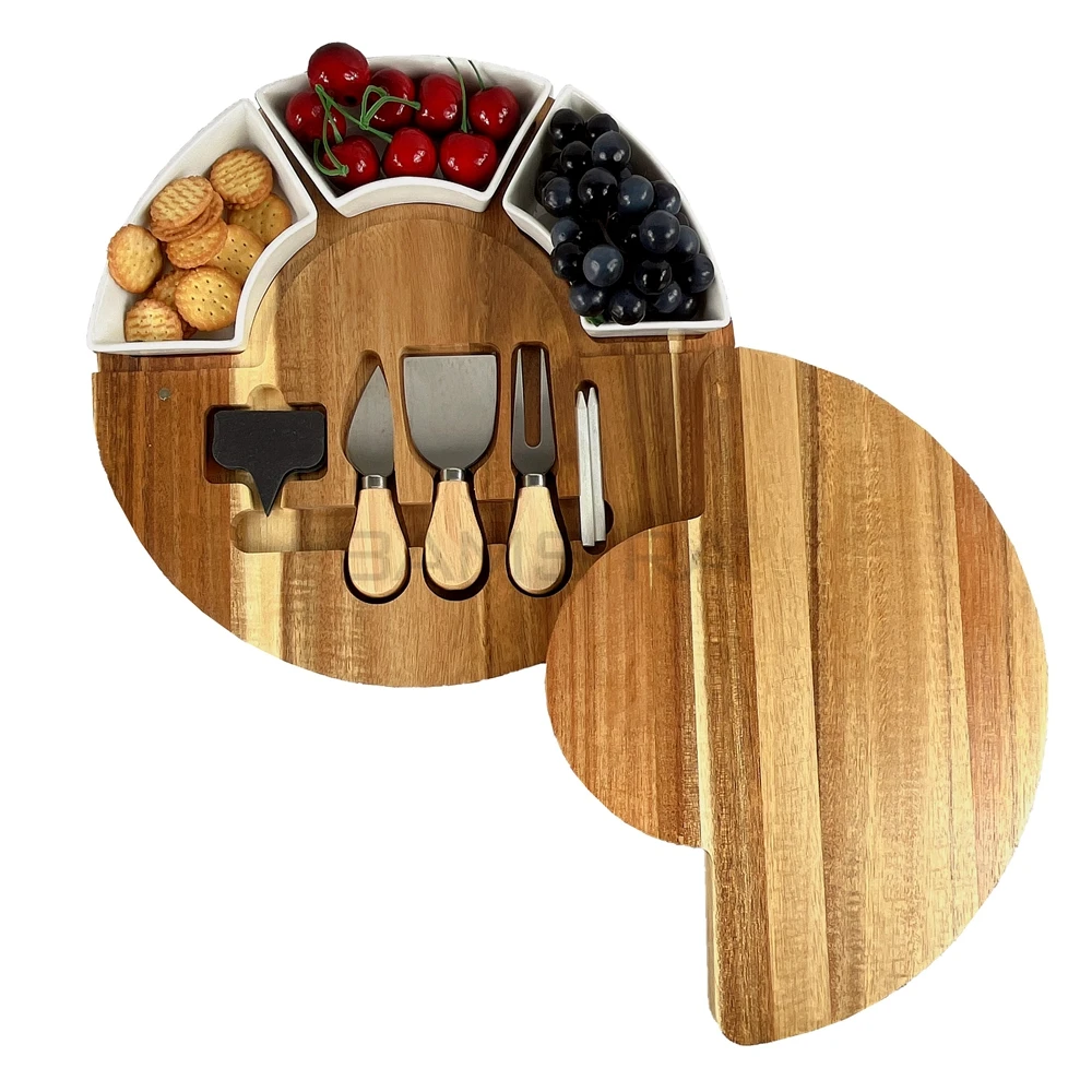 Acacia Wood Cheese Board Set, Charcuterie Boards, Acacia Wood Cheese Board with Knives