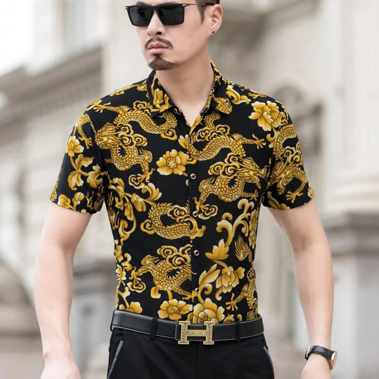 2020 Summer Men Chinese Brand Dragon Print Social Turn Down Collar Short Sleeve Slim Fit Shirts