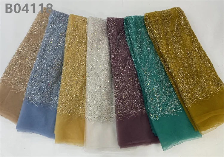 Factory Price Luxury White Lace Fabric Embroidery Sequence Beaded Embroidered Wedding Lace Fabric For Dress