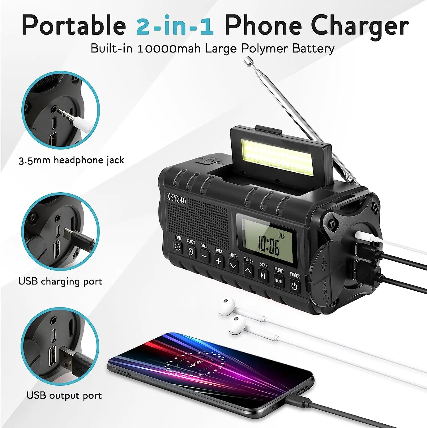 Emergency Weather Alert Radio with AM FM WB Portable Battery Powered Solar Hand Crank Radio for Home Outdoor Hurricane Survival