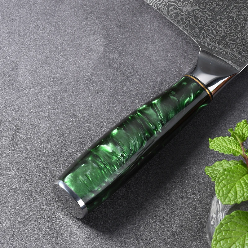New Design Damascus Knife 67 Layer Damascus Steel Kitchen Knives 7 inch Cleaver Knife with Turquoise Resin Pakkawood