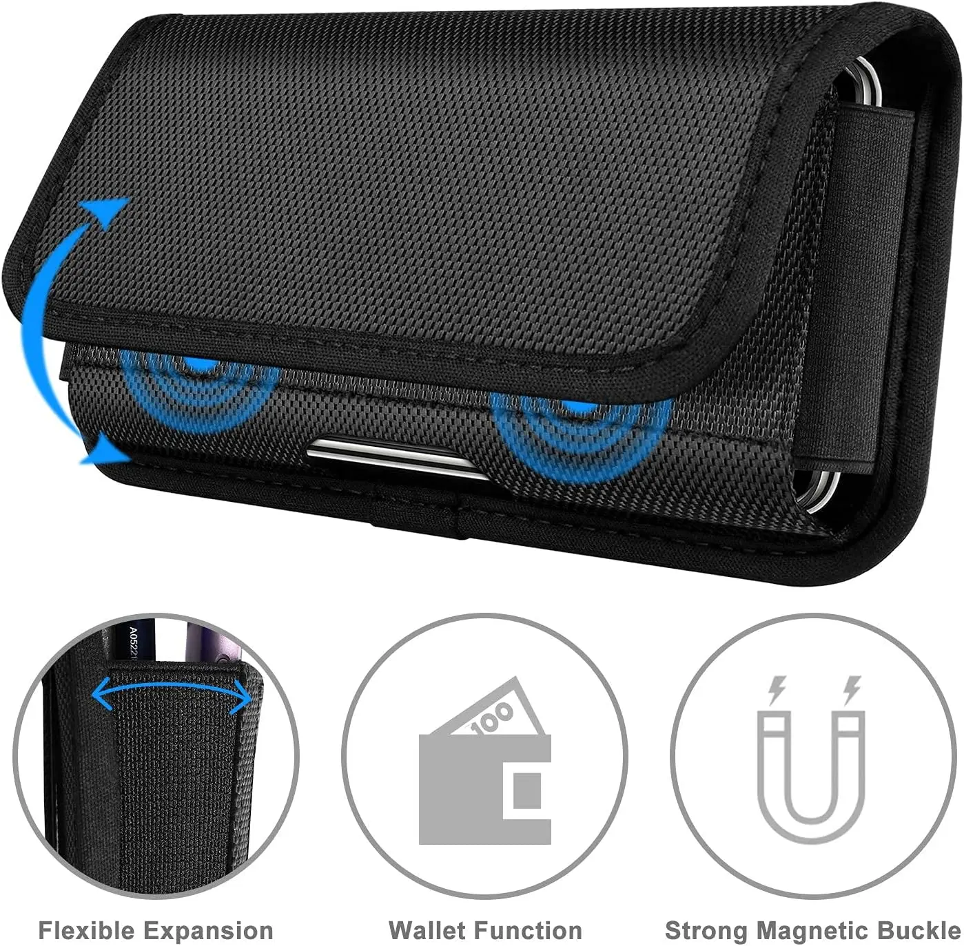 Horizontal Magnetic Nylon Belt Clip Holder Phone Pouch with Built-in Card Holder for iPhone Samsung Galaxy S21 Plus