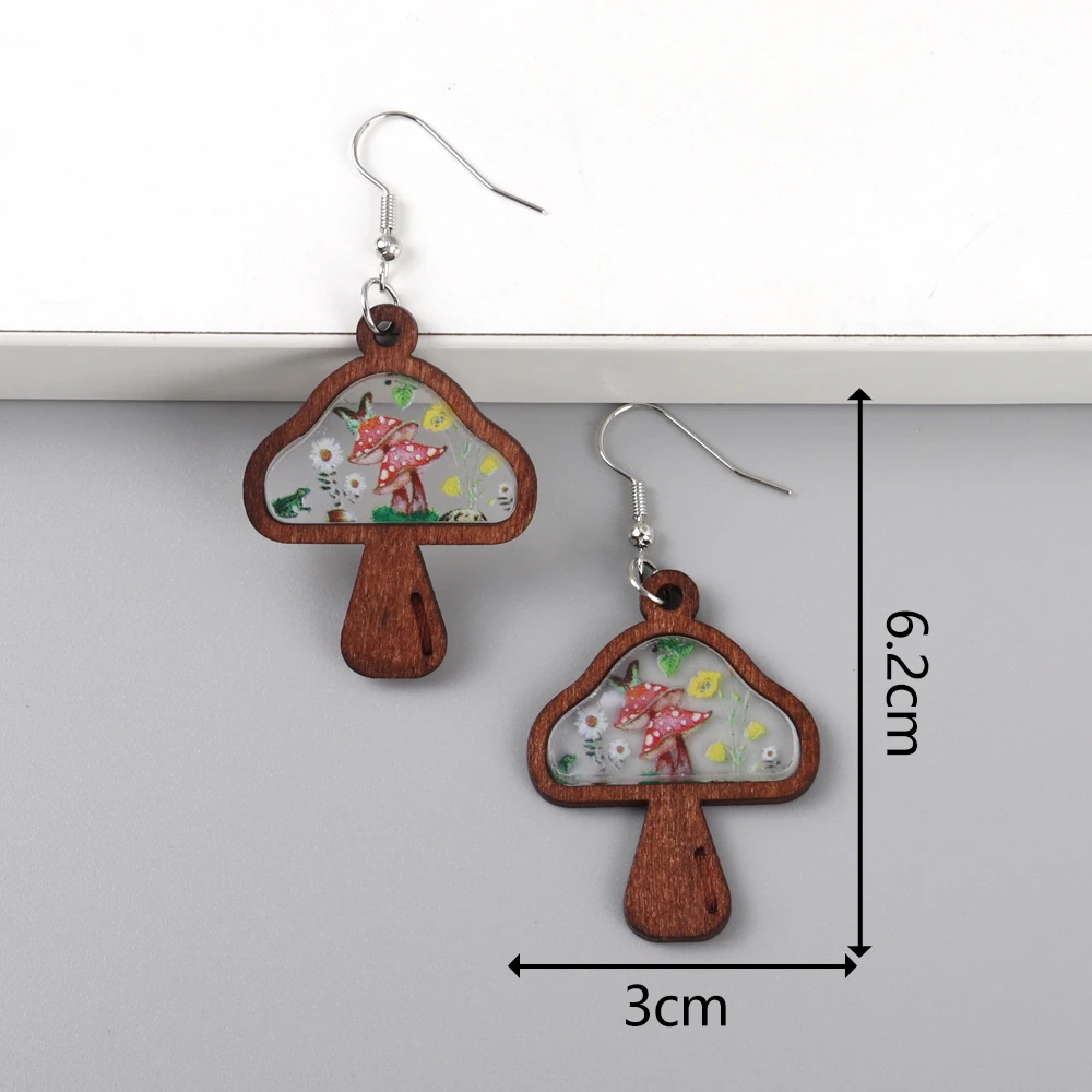 Cartoon Wood Mushroom Earrings Print Wholesale Wooden Original Forest Flowers Frog Mushroom Butterfly Clear Acrylic Custom FS