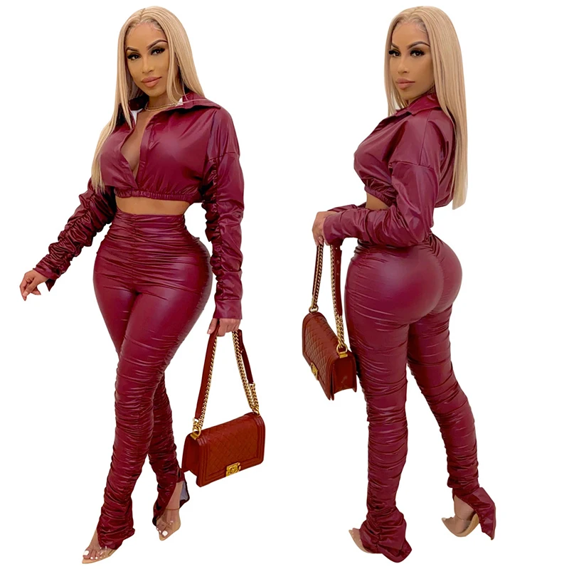 
Wholesale ladies long sleeve solid color crop pu leather sexy fashion 2021 women two piece pants set clothing 