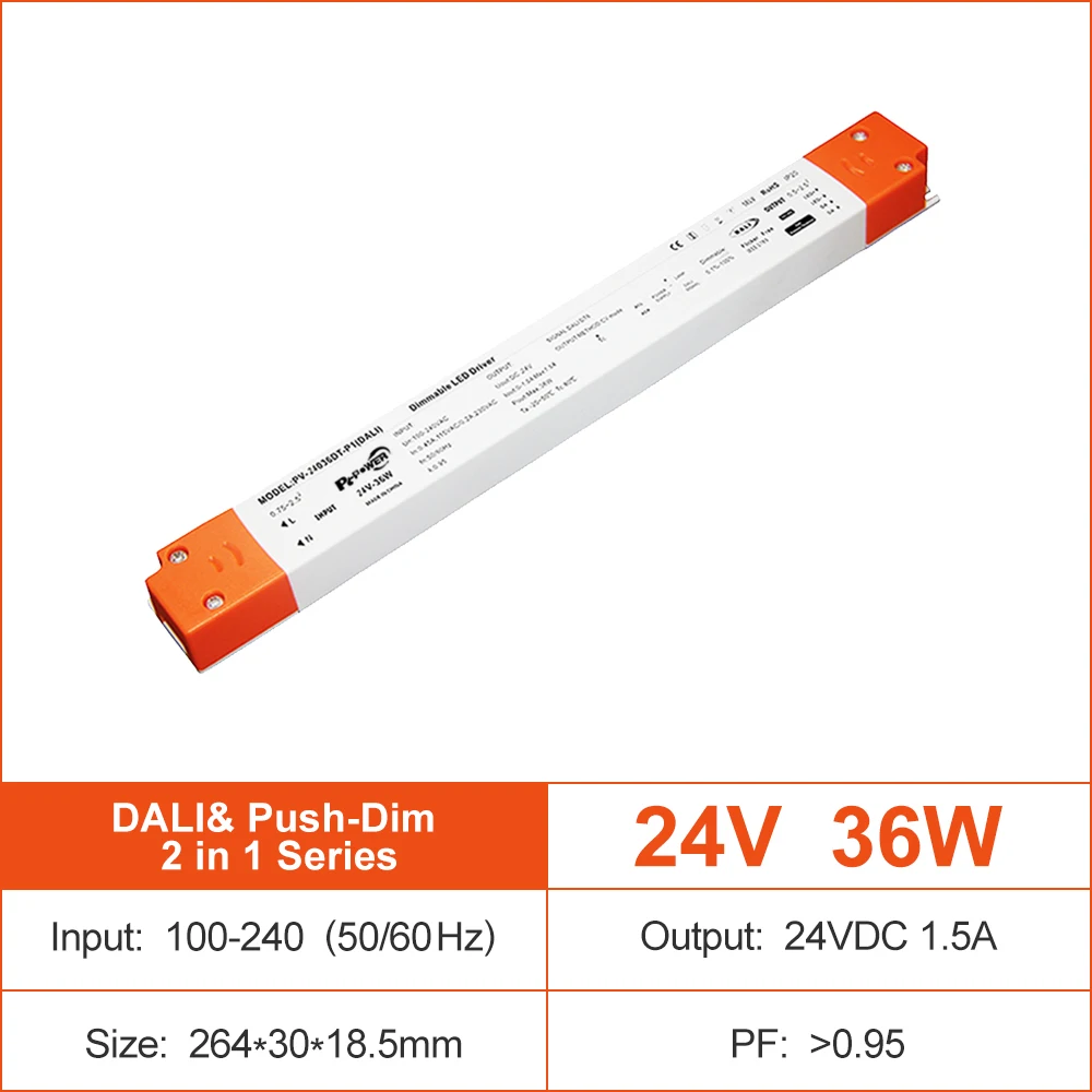 Linear Shape CV LED Power Supply 12V 24V 36W DALI Dimmable LED Driver for Indoor LED Light Box Modules