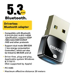 Esager USB Blue-tooth 5.3 Dongle Adapter for PC Laptop Speaker Wireless Mouse Earphone Keyboard Music Audio Receiver Transmitter