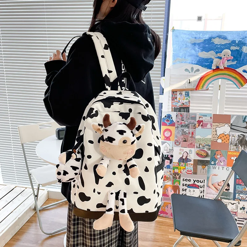 
Cow Pattern Backpack Girl Japanese Sweet And Cute Girl Junior High School Students Large Capacity School Bag Women 