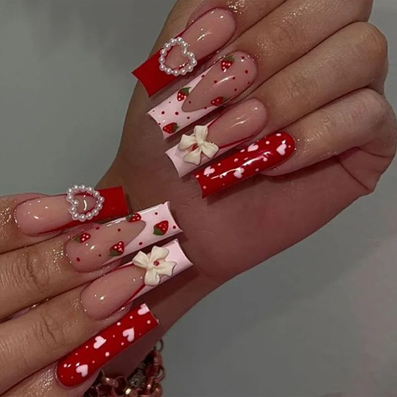 24pcs Valentine Red and Pink French Style False Press on Artificial Nails with Heart Pattern and Pearl
