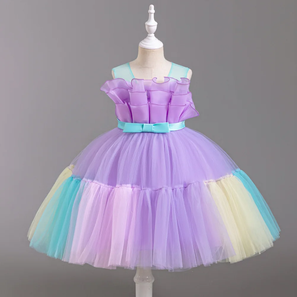2024 new foreign trade hot style girls colorful matching fluffy cake skirt kids evening party gown children dress