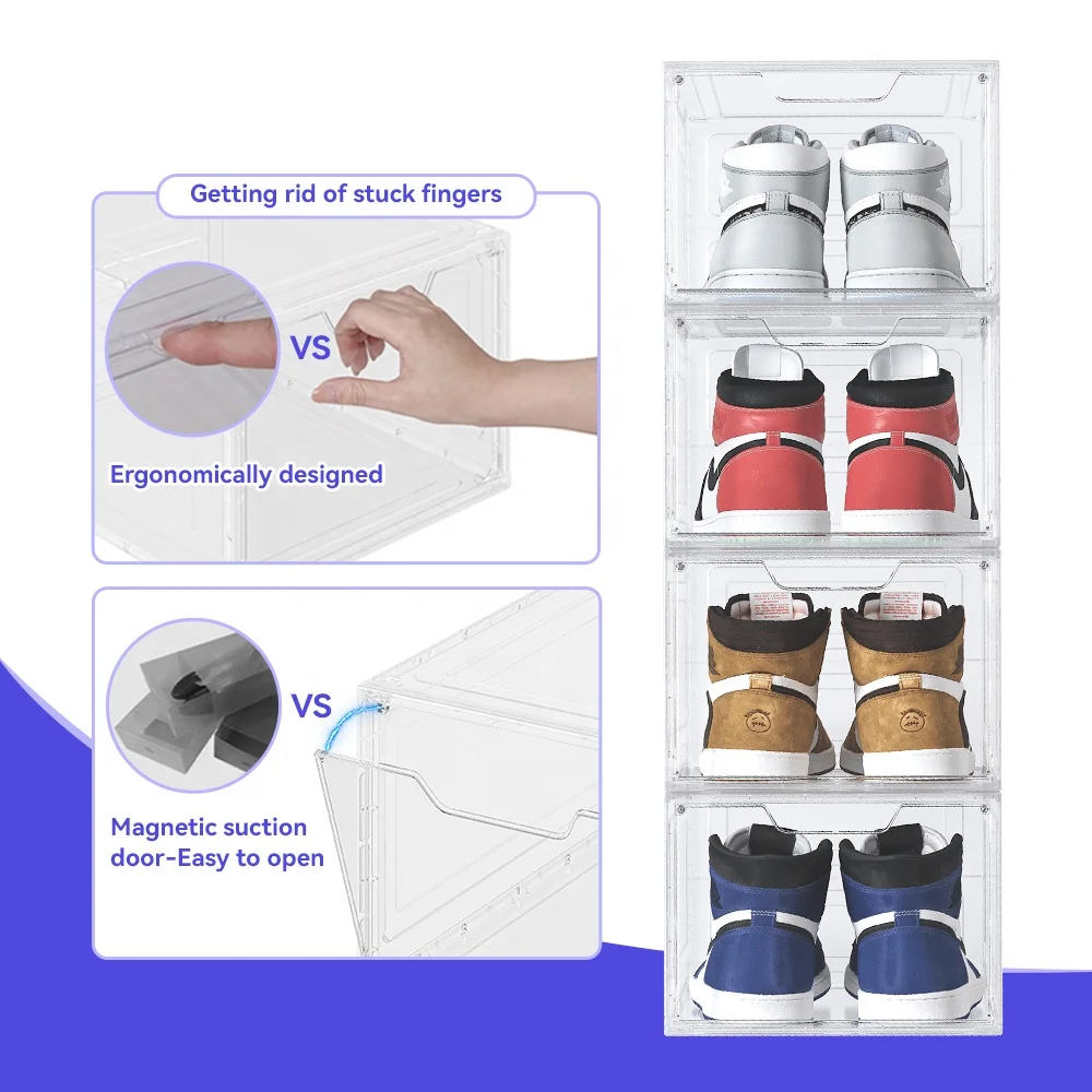 Clear Shoe Box Fashion Transparent Foldable Shoe Storage Box Custom Logo  Front Magnet Stackable Giant PP Material Shoe Box