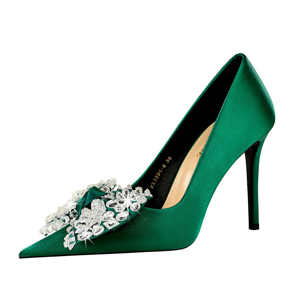 European American Fashion Banquet High Heels Stiletto Shallow Pointy Rhinestone Bowknot Single Shoes for Women