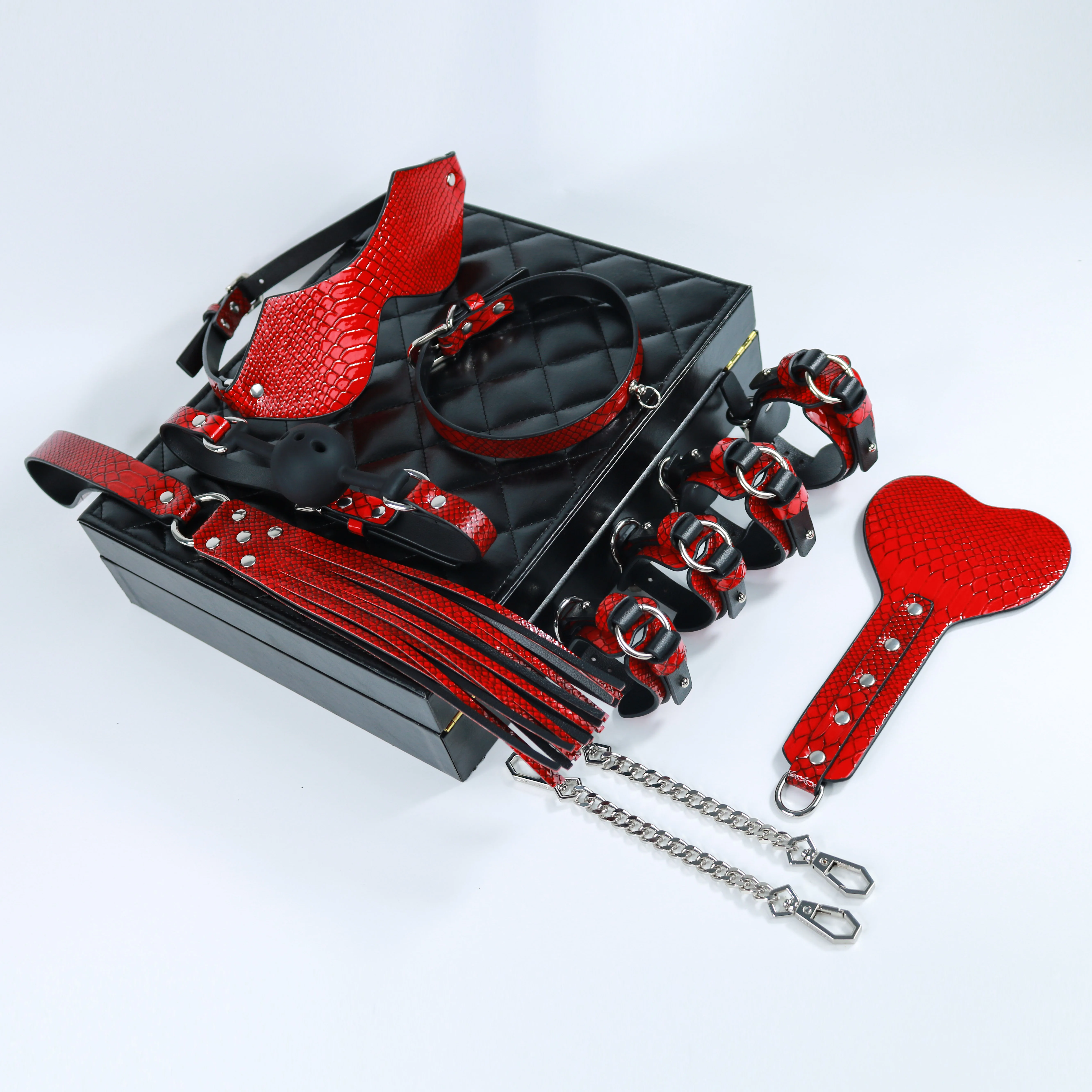 High Quality 7pcs PU BDSM Set Sex Tools SM Toy with Hand Cuffs / Ball gag / Blindfold / Sexy Whip / Spanking Paddle Customized